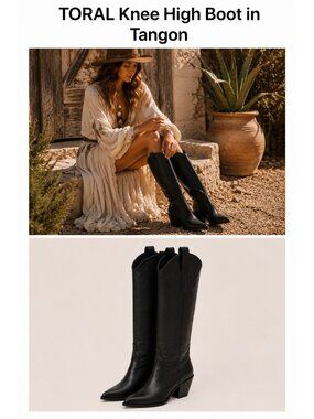 TORAL Tangon Black Leather Western Knee High Cowboy Boots Approx US 9.5